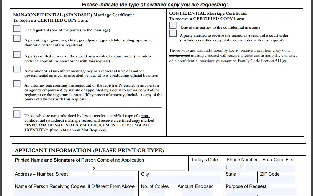 The screenshot displays the section of the marriage certificate application form that lists the two types of certificates available: Non-confidential and Confidential; each certificate type has its checklist included, along with the necessary information required from the applicant.