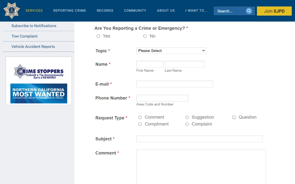 An online submission form for reporting a crime or emergency, with fields for the reporter's contact information and the nature of the report, alongside a visual prompt encouraging community members to anonymously provide information about wanted individuals through a Crime Stoppers program.